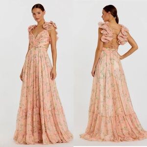 NWOT Mac Duggal Pink Ruffle Tiered Floral Cut Out Chiffon  Dress Size 2 /XS